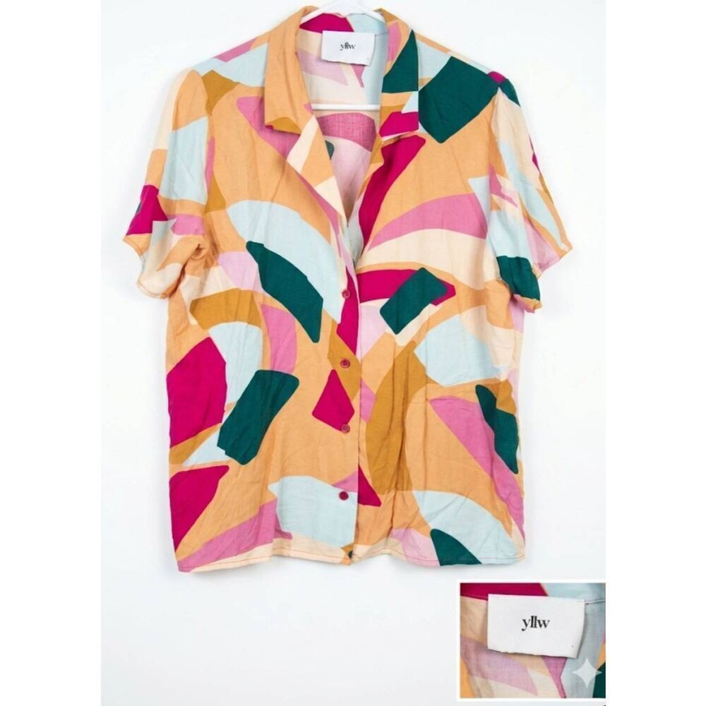Yllw yellow the label women medium boxy shirt blouse papaya green multi color